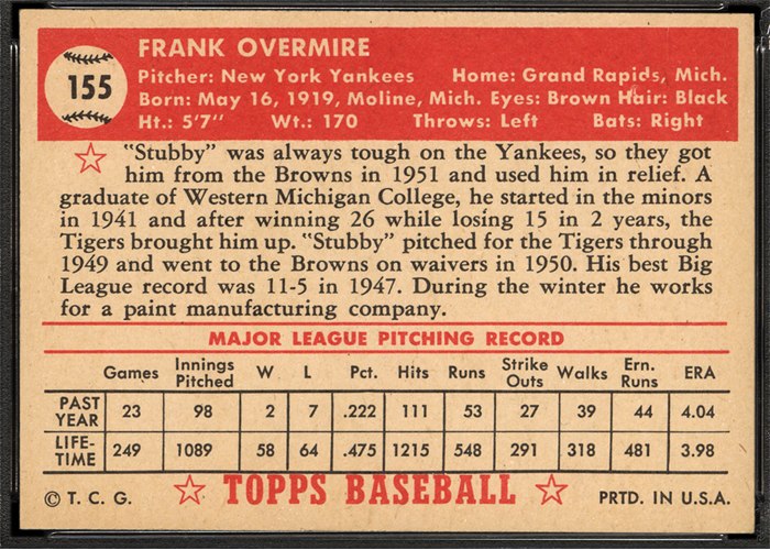 1952 Topps #155 Frank Overmire (back)
