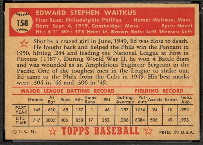 1952 Topps #158 Eddie Waitkus (back)