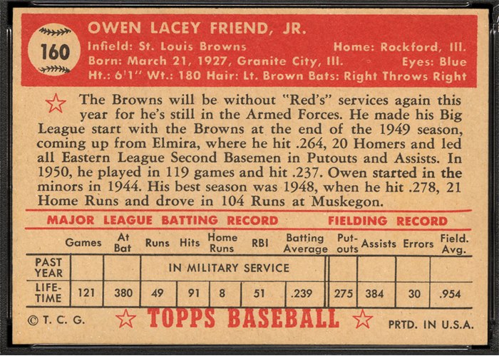 1952 Topps #160 Owen Friend (back)