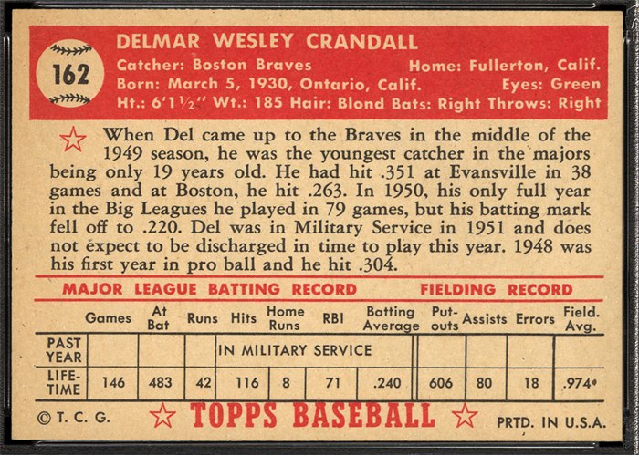 1952 Topps #162 Del Crandall (back)