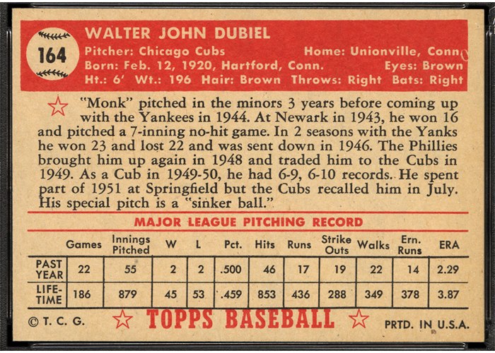 1952 Topps #164 Walt Dubiel (back)