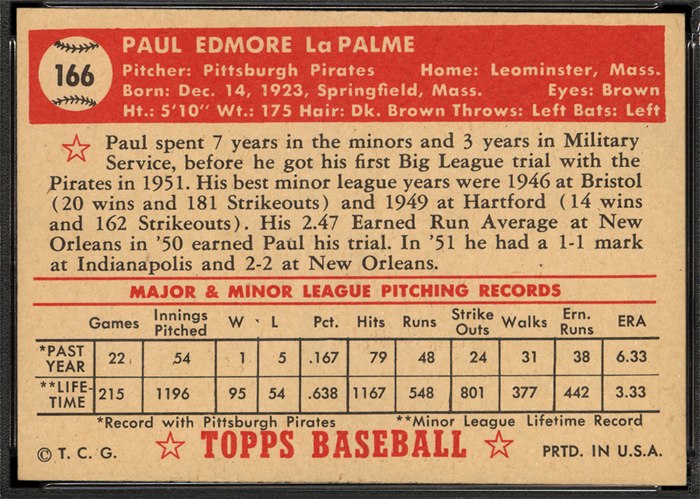 1952 Topps #166 Paul LaPalme (back)