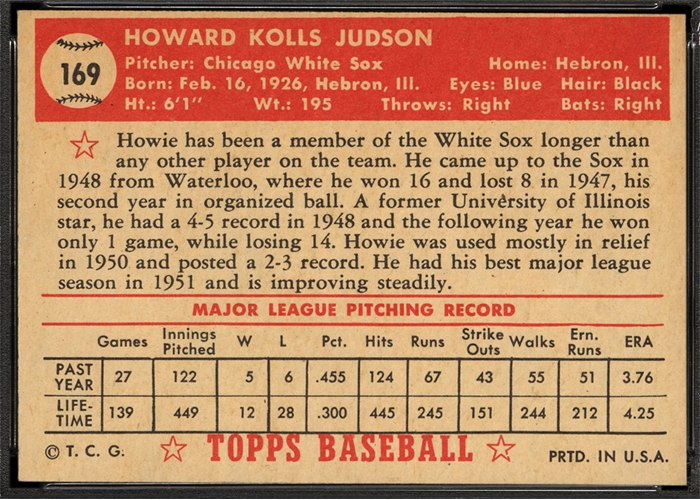 1952 Topps #169 Howie Judson (back)