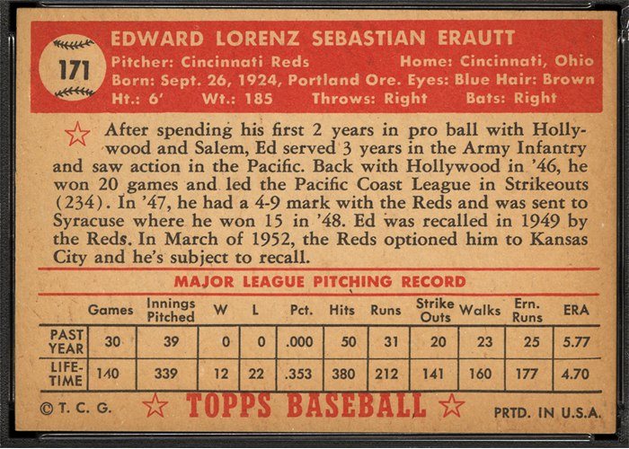 1952 Topps #171 Ed Erautt (back)