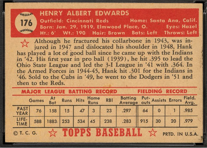 1952 Topps #176 Hank Edwards (back)