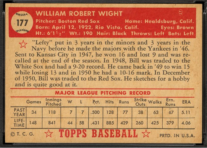 1952 Topps #177 Bill Wight (back)