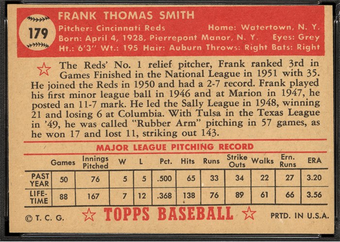 1952 Topps #179 Frank Smith (back)