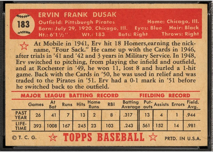 1952 Topps #183 Erv Dusak (back)