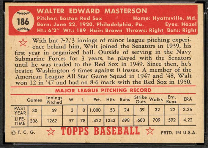 1952 Topps #186 Walt Masterson (back)