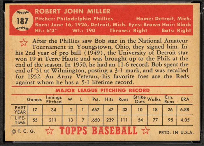 1952 Topps #187 Bob Miller (back)