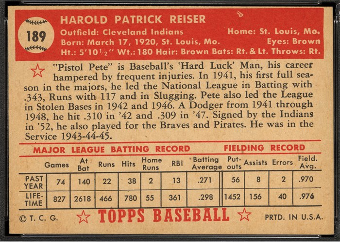 1952 Topps #189 Pete Reiser (back)