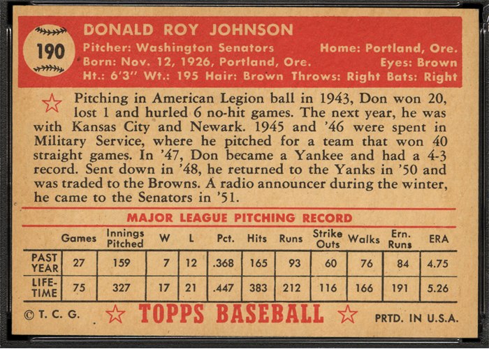 1952 Topps #190 Don Johnson (back)