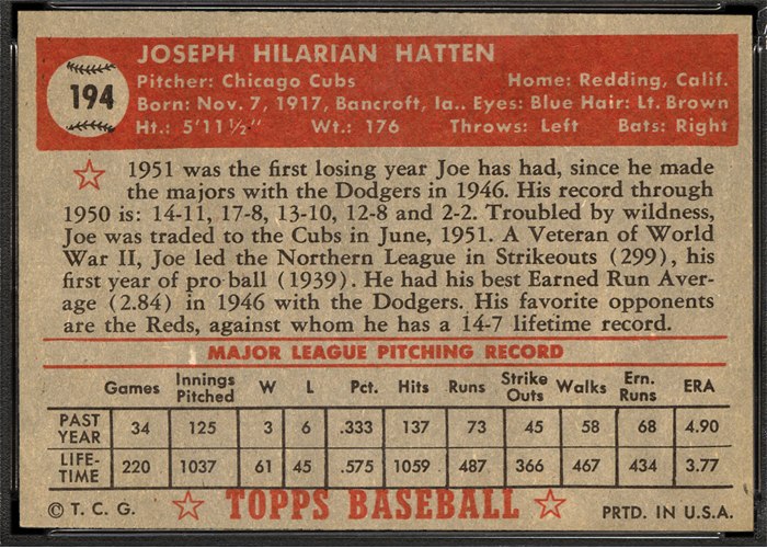 1952 Topps #194 Joe Hatten (back)