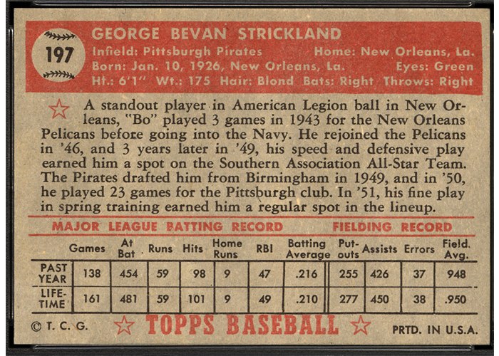 1952 Topps #197 George Strickland (back)