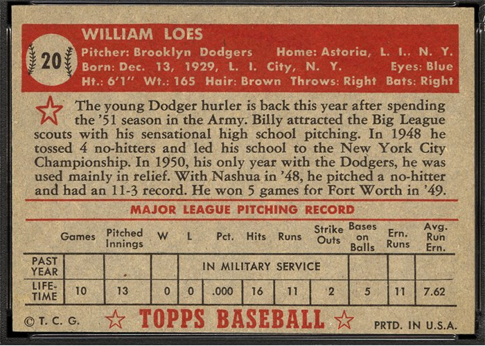 1952 Topps #20 Billy Loes (back)