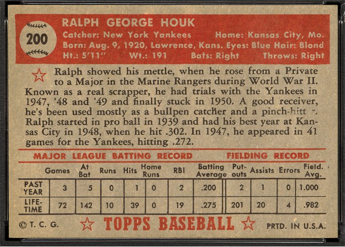 1952 Topps #200 Ralph Houk (back)