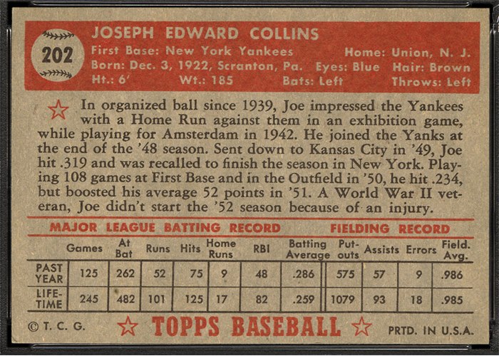 1952 Topps #202 Joe Collins (back)