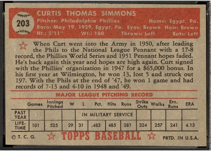 1952 Topps #203 Curt Simmons (back)