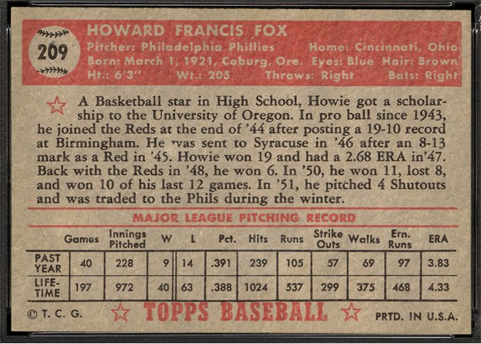 1952 Topps #209 Howie Fox (back)