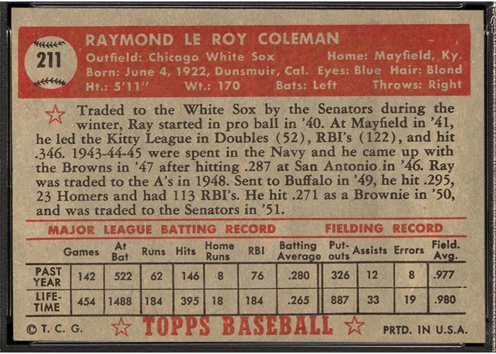1952 Topps #211 Ray Coleman (back)