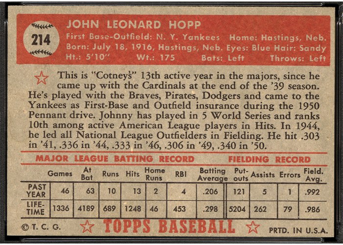 1952 Topps #214 Johnny Hopp (back)