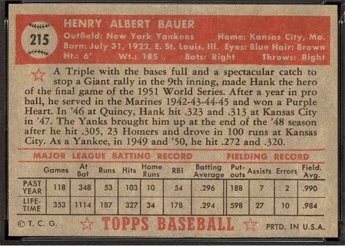 1952 Topps #215 Hank Bauer (back)