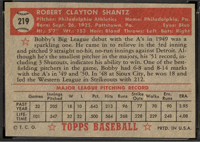1952 Topps #219 Bobby Shantz (back)
