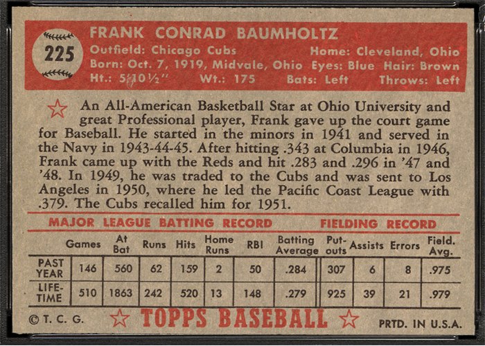 1952 Topps #225 Frank Baumholtz (back)