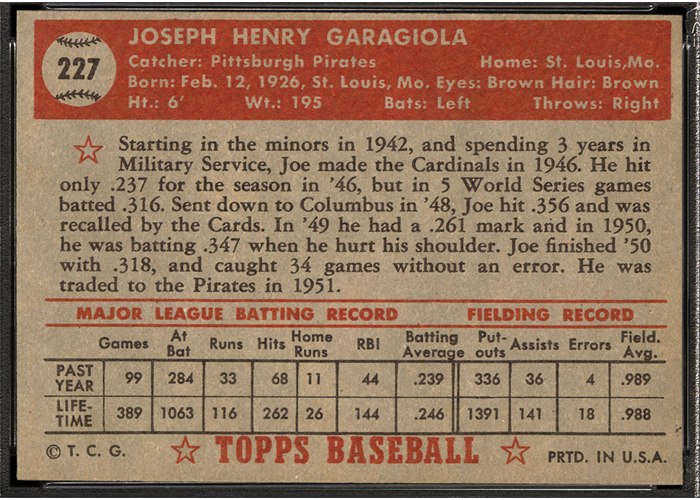 1952 Topps #227 Joe Garagiola (back)