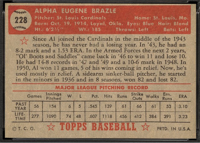 1952 Topps #228 Al Brazle (back)