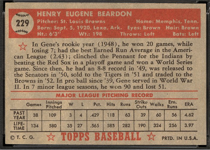 1952 Topps #229 Gene Bearden (back)
