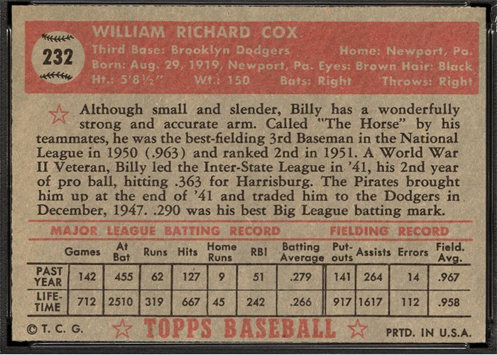 1952 Topps #232 Billy Cox (back)