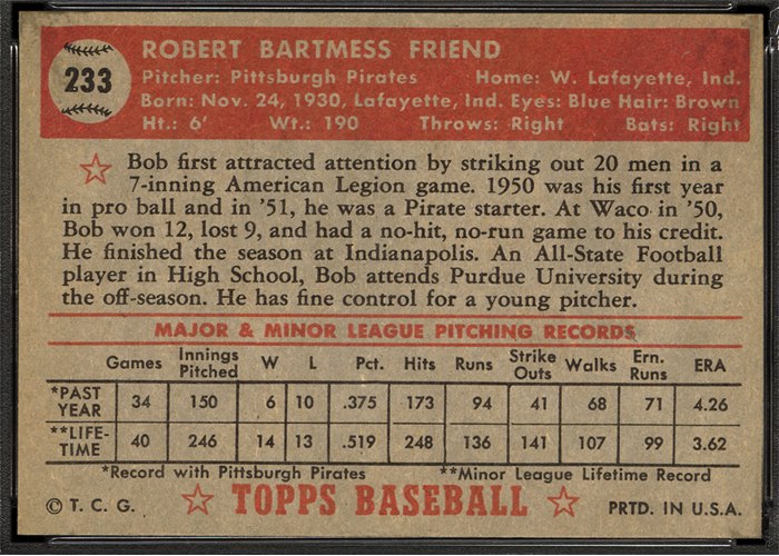 1952 Topps #233 Bob Friend (back)