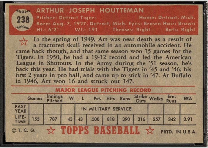 1952 Topps #238 Art Houtteman (back)
