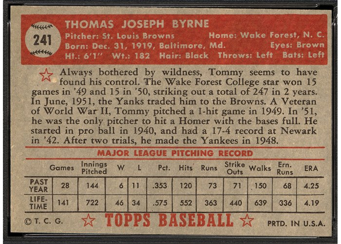 1952 Topps #241 Tommy Byrne (back)
