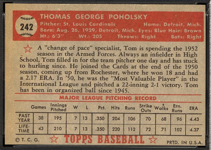 1952 Topps #242 Tom Poholsky (back)
