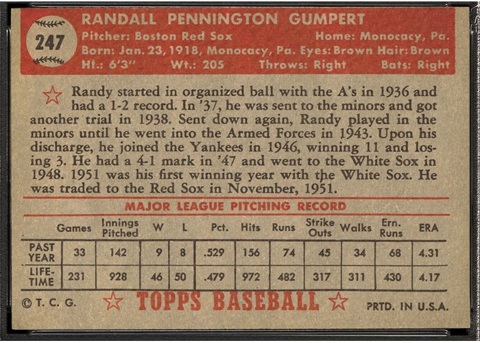 1952 Topps #247 Randy Gumpert (back)