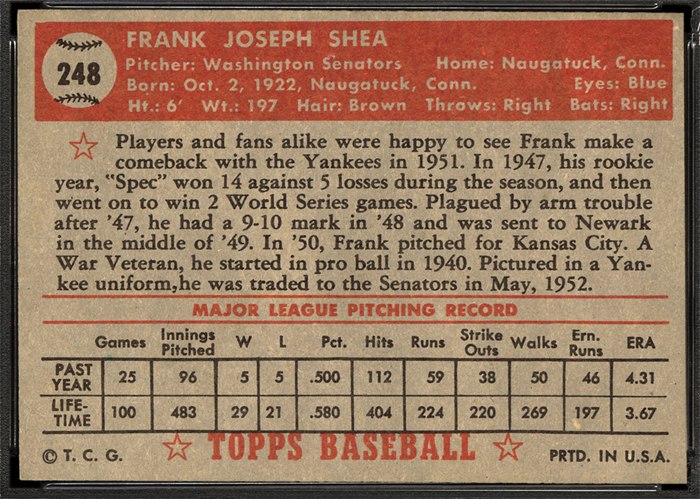 1952 Topps #248 Frank Shea (back)