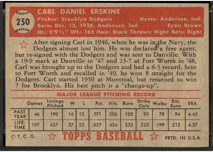 1952 Topps #250 Carl Erskine (back)