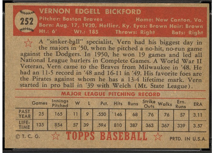 1952 Topps #252 Vern Bickford (back)