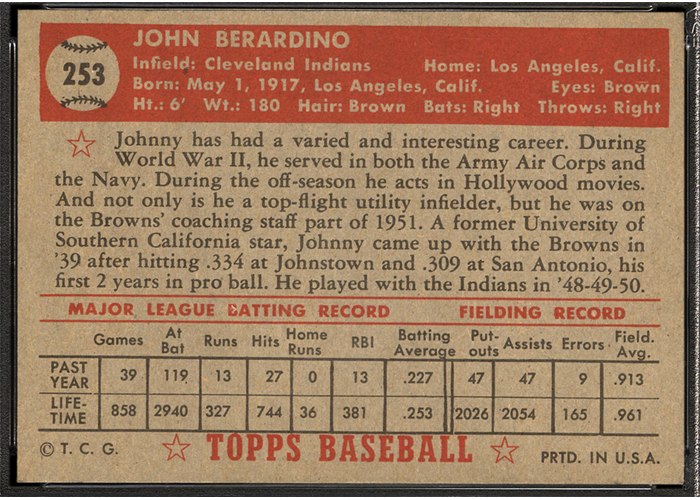 1952 Topps #253 Johnny Berardino (back)