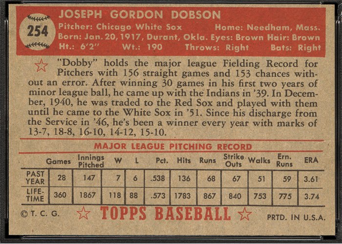 1952 Topps #254 Joe Dobson (back)