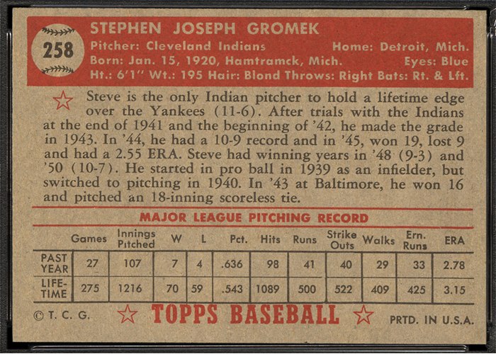 1952 Topps #258 Steve Gromek (back)