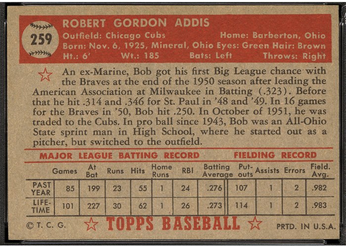 1952 Topps #259 Bob Addis (back)