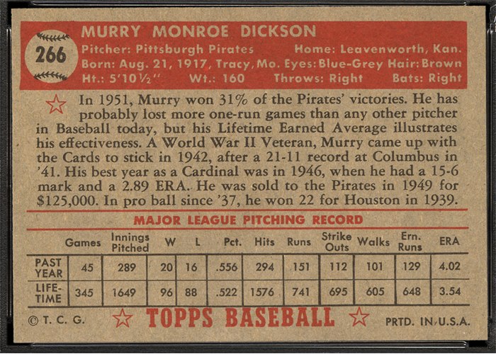 1952 Topps #266 Murry Dickson (back)