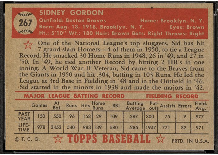 1952 Topps #267 Sid Gordon (back)