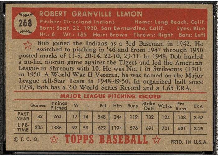 1952 Topps #268 Bob Lemon (back)