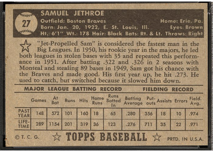1952 Topps #27 Sam Jethroe (back)