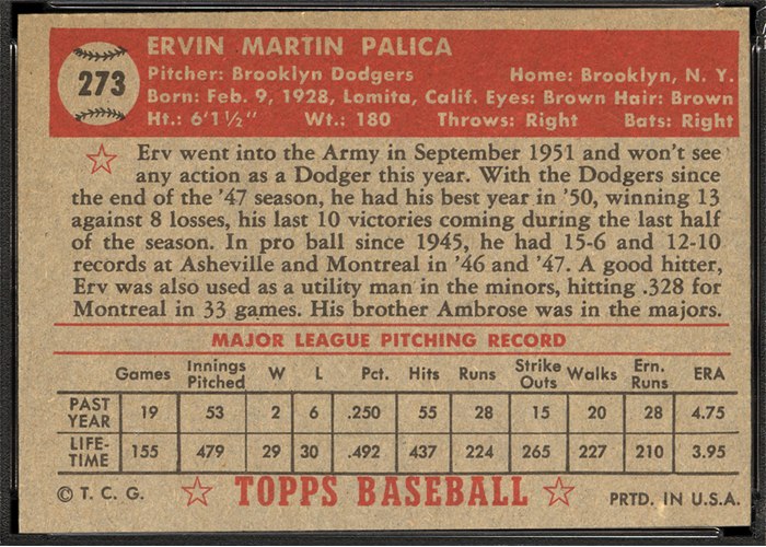 1952 Topps #273 Erv Palica (back)