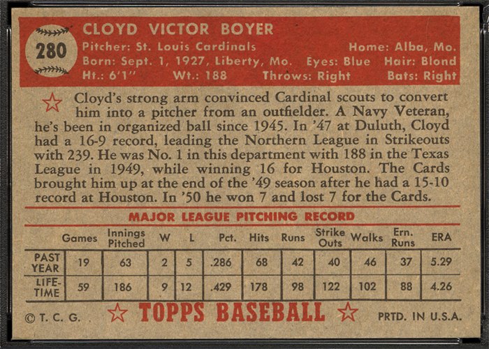 1952 Topps #280 Cloyd Boyer (back)